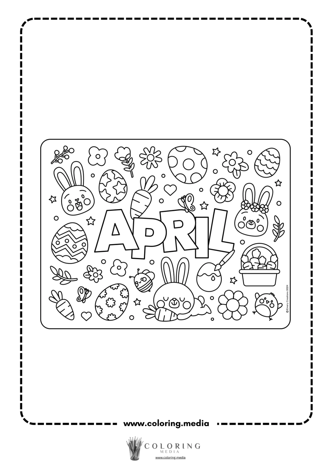 Coloring page featuring "APRIL" surrounded by bunnies, eggs, and flowers.
