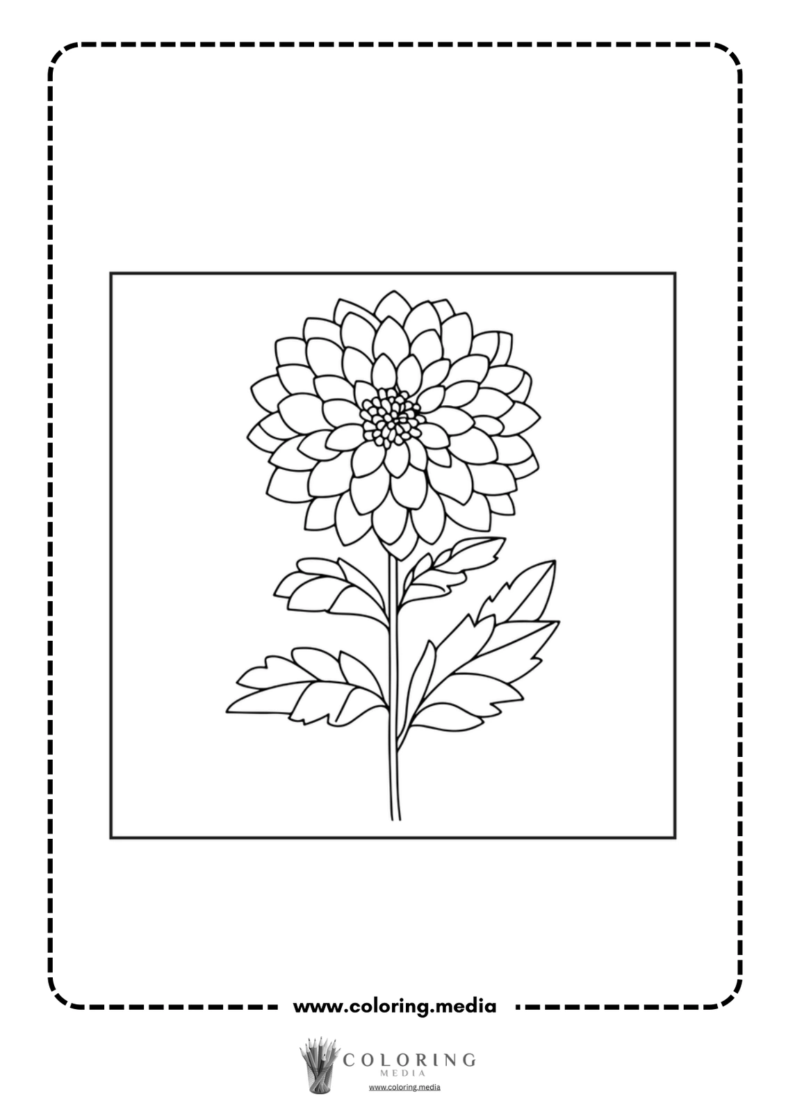 A detailed black and white illustration of a flower with leaves.