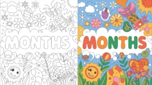 A colorful illustration of the word "MONTHS" surrounded by flowers and cheerful elements.