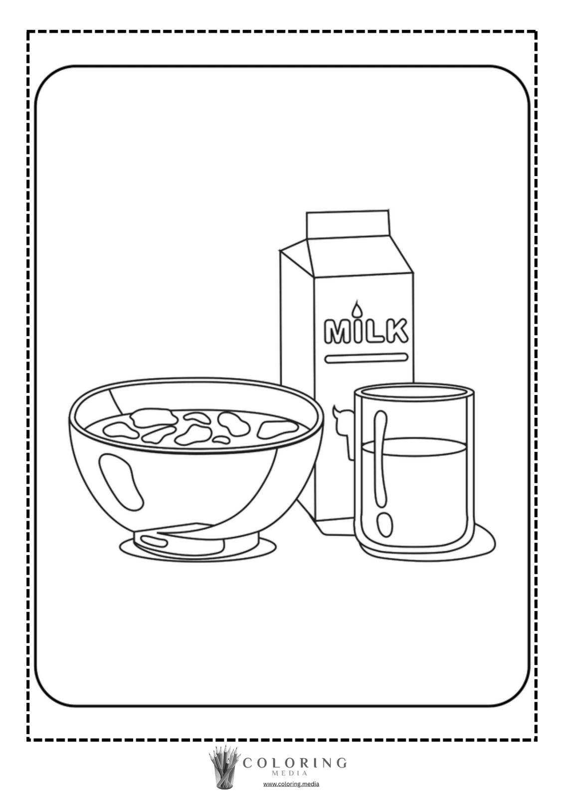 A bowl of cereal with milk, a glass of milk, and a carton labeled "MILK."
