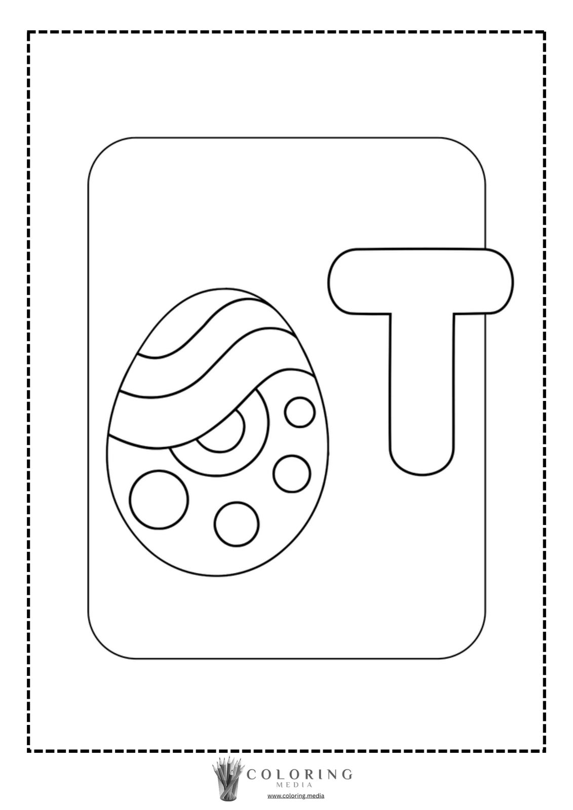 Coloring page featuring a decorated Easter egg and the letter "T."