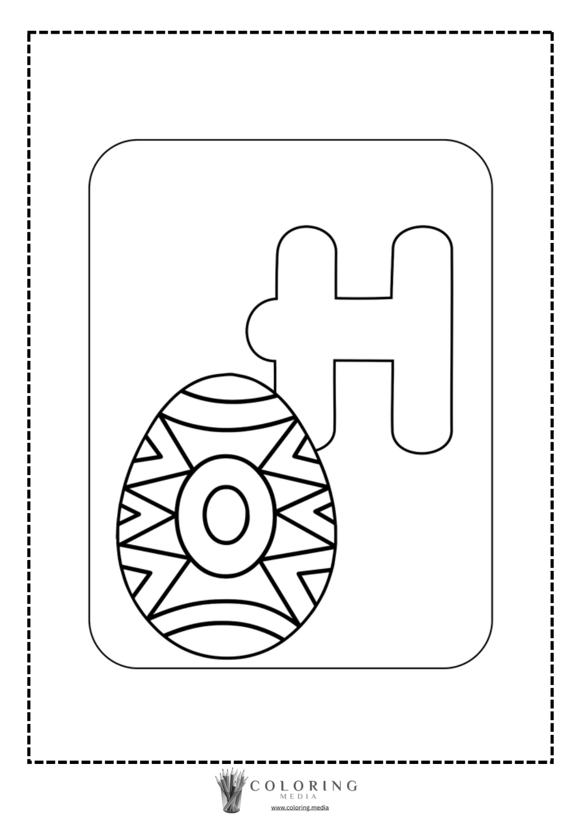 A coloring page featuring the letter "H" and a decorated egg.