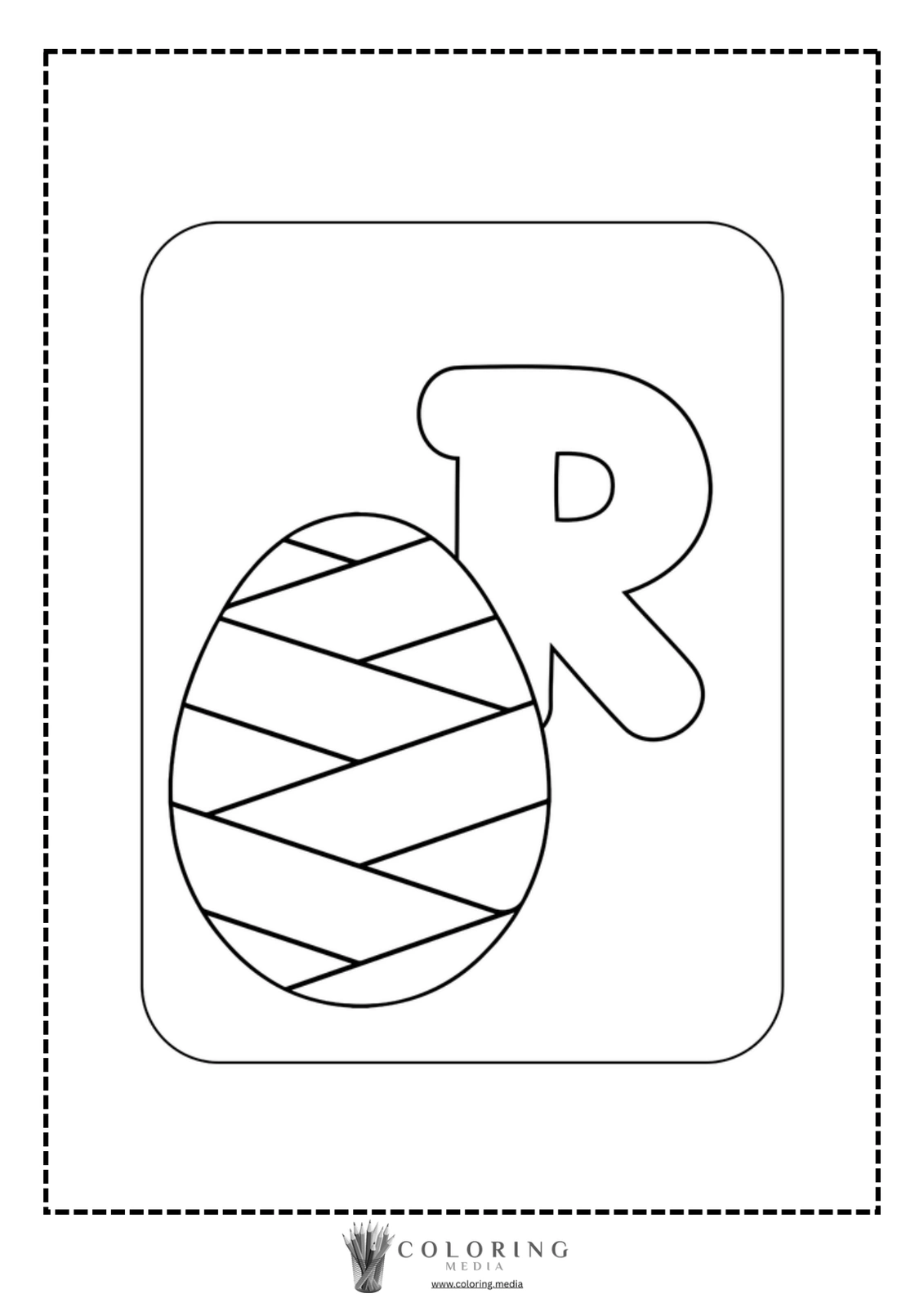 Coloring page featuring the letter "R" and a decorated egg.