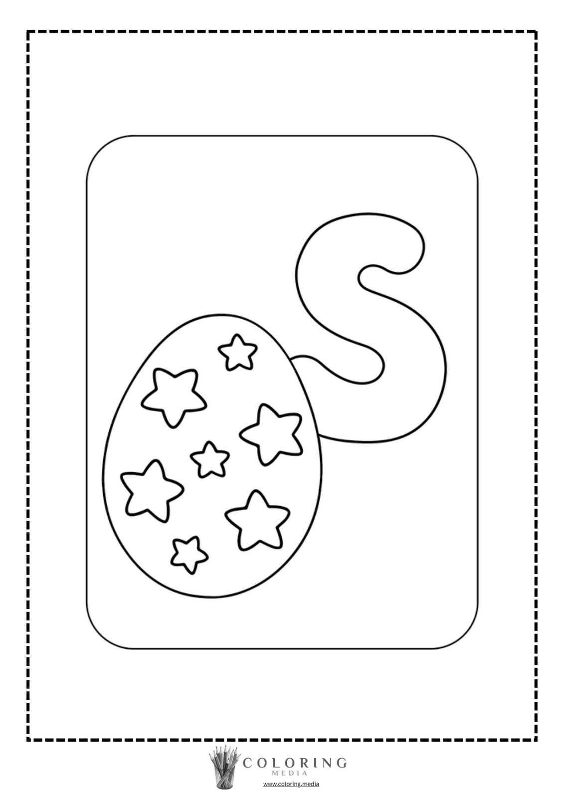 A coloring page featuring a decorated egg and the letter "S."
