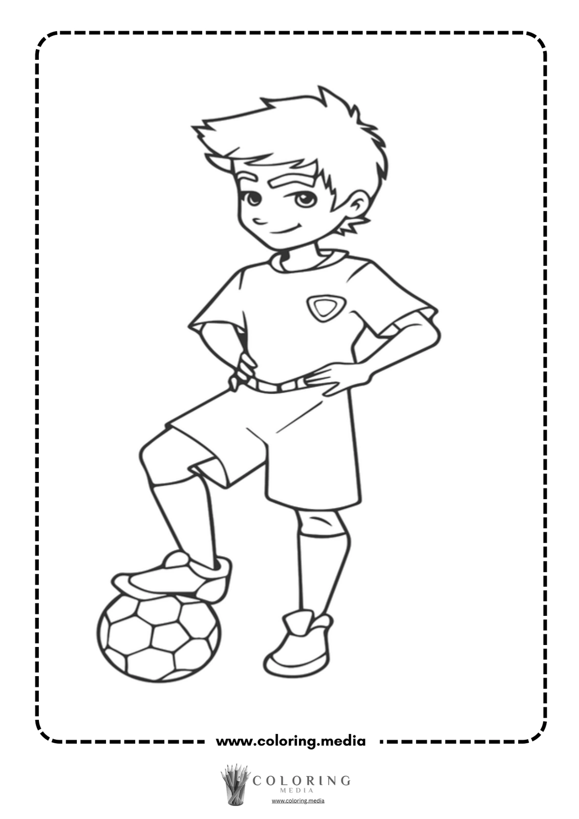 A boy stands confidently on a soccer ball, wearing a sports uniform.