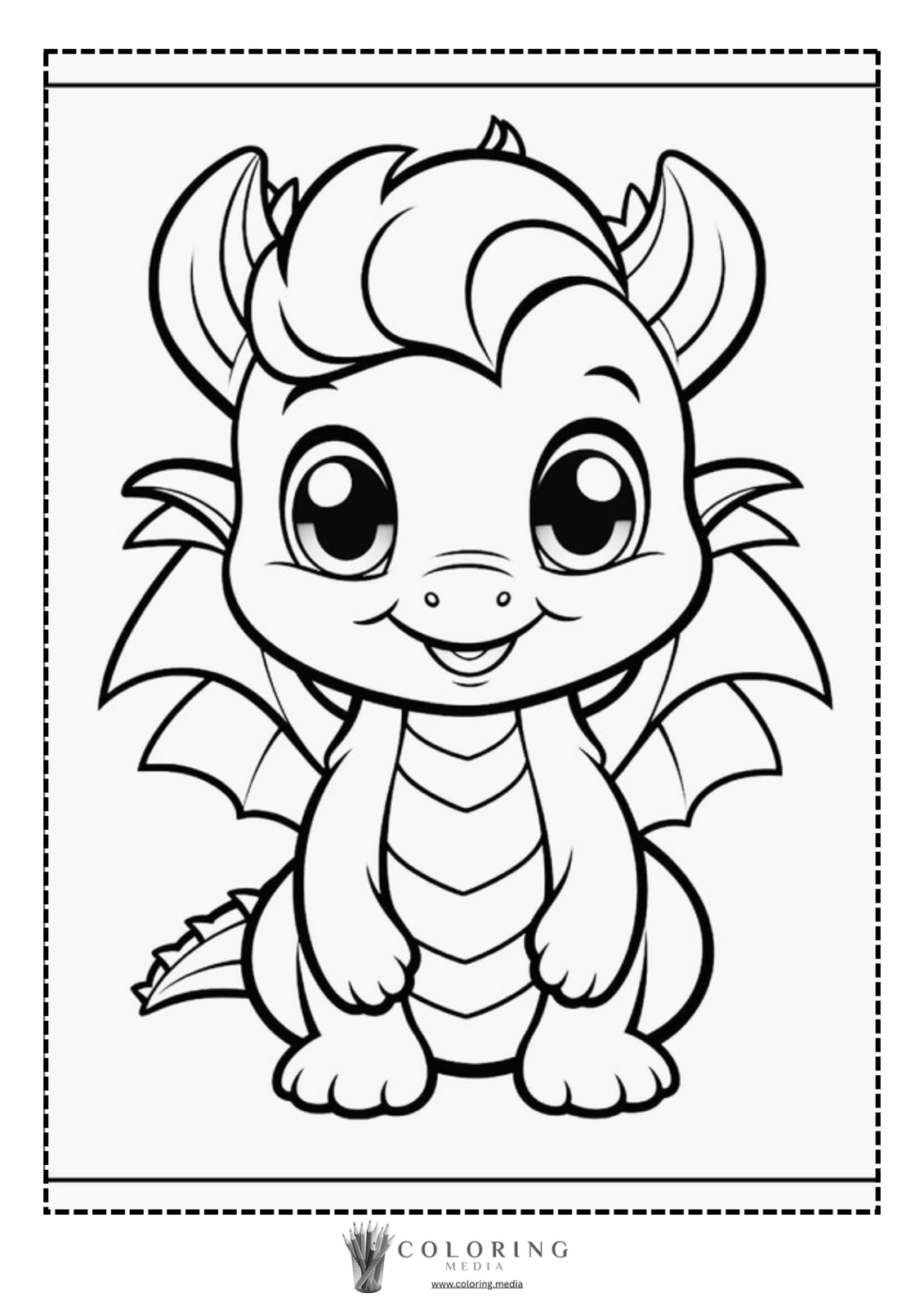A cute cartoon dragon with big eyes and small wings, smiling happily.