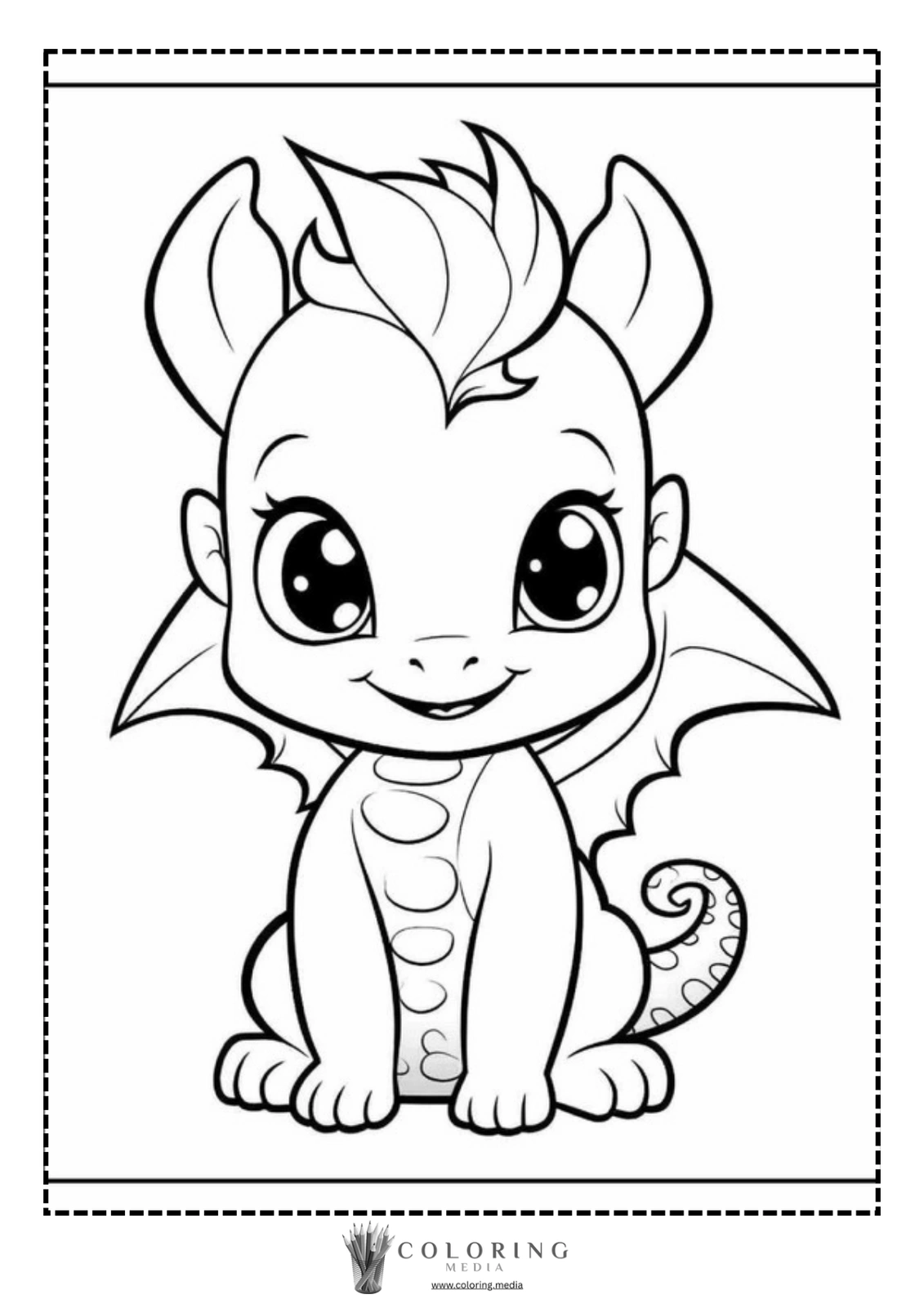 A cute cartoon dragon sits smiling, ready for coloring.