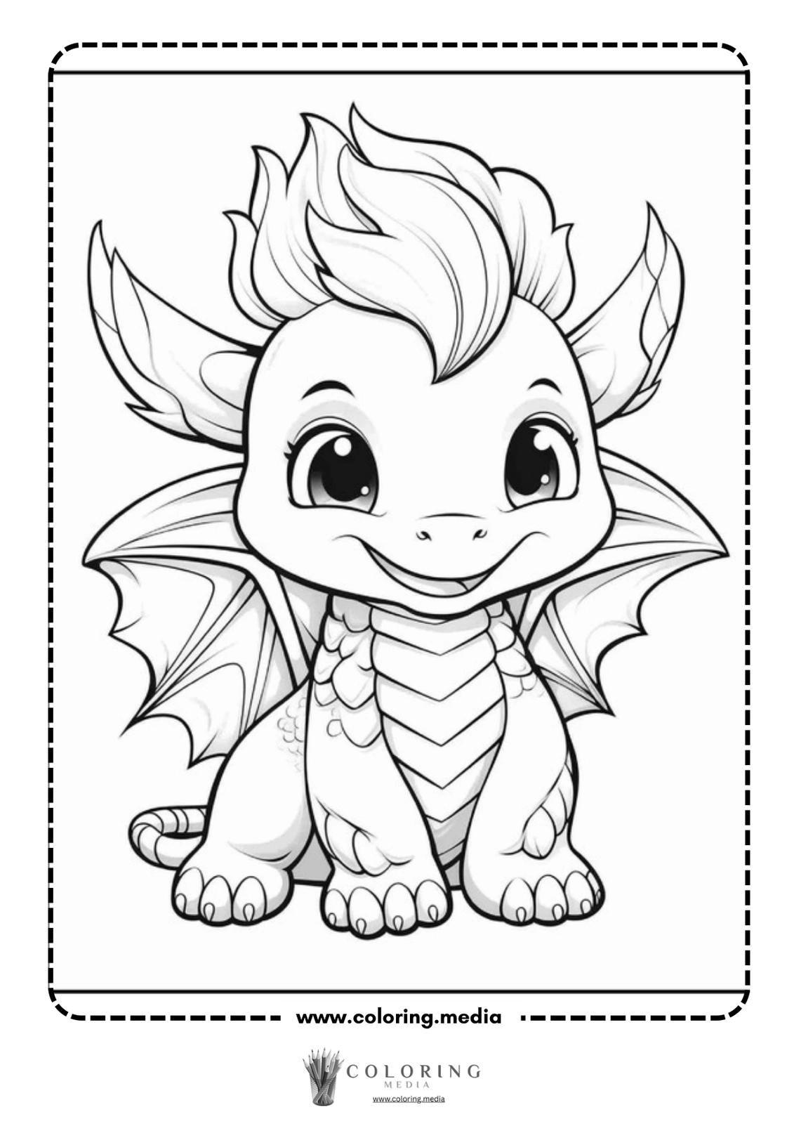A cute cartoon dragon sits smiling, ready for coloring.