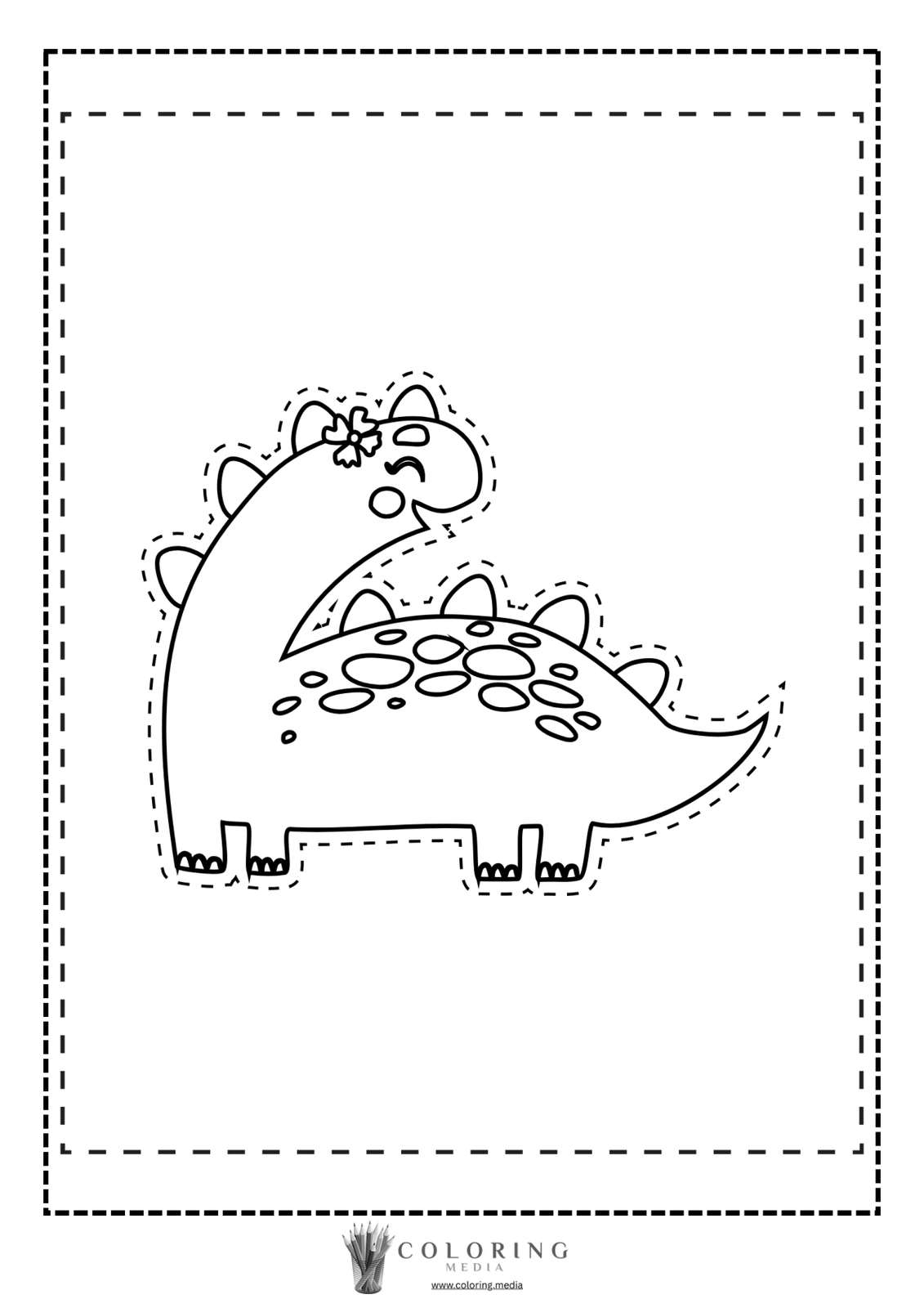 A cartoon dinosaur with a flower on its head, ready for coloring.
