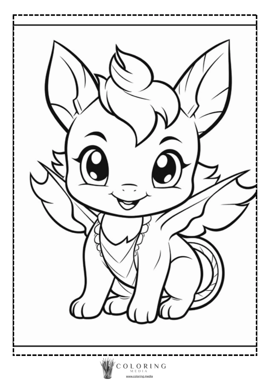 A cute, cartoon dragon with wings smiles cheerfully, ready to be colored.
