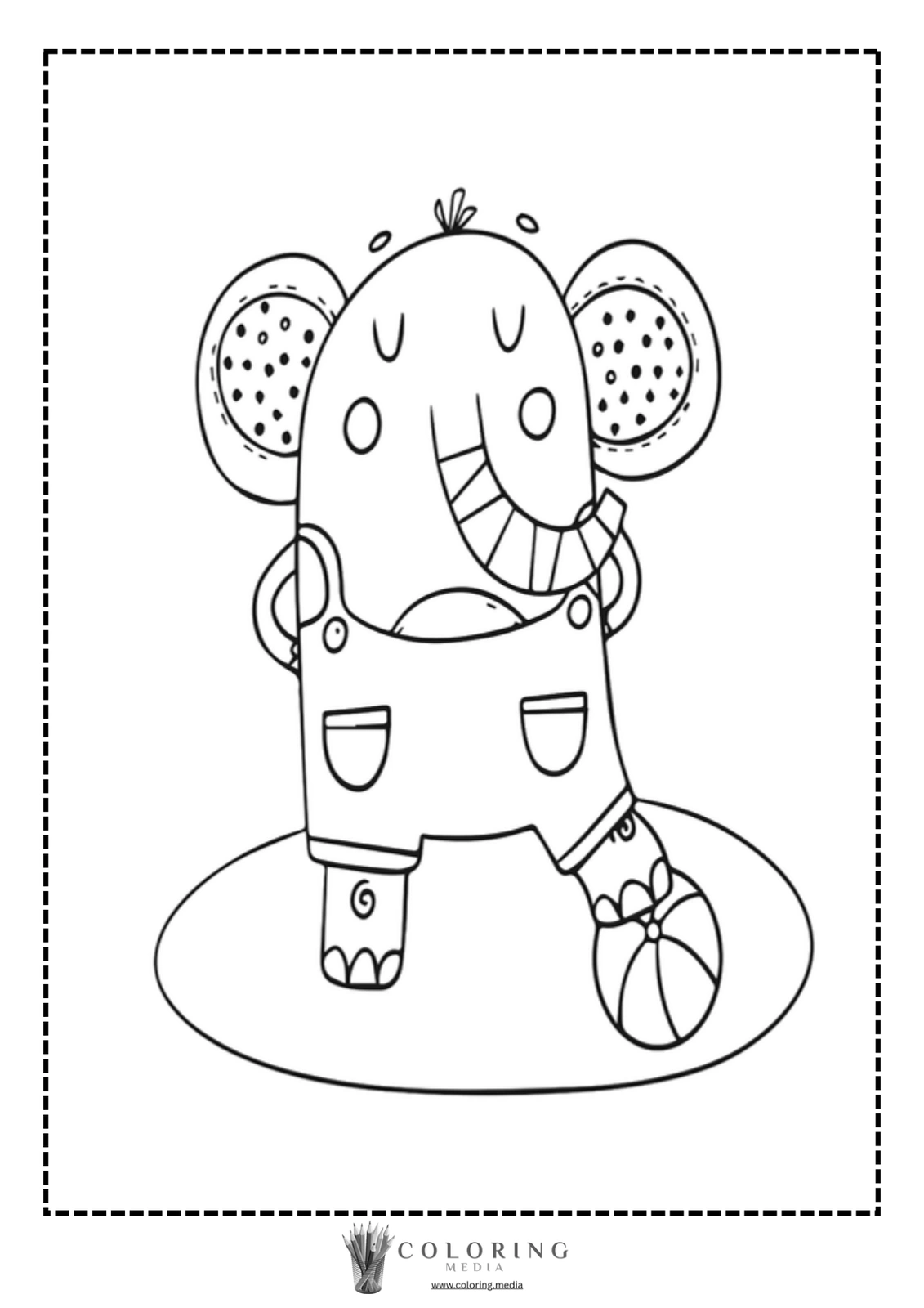 A cartoon elephant wearing overalls stands playfully on a circular base.