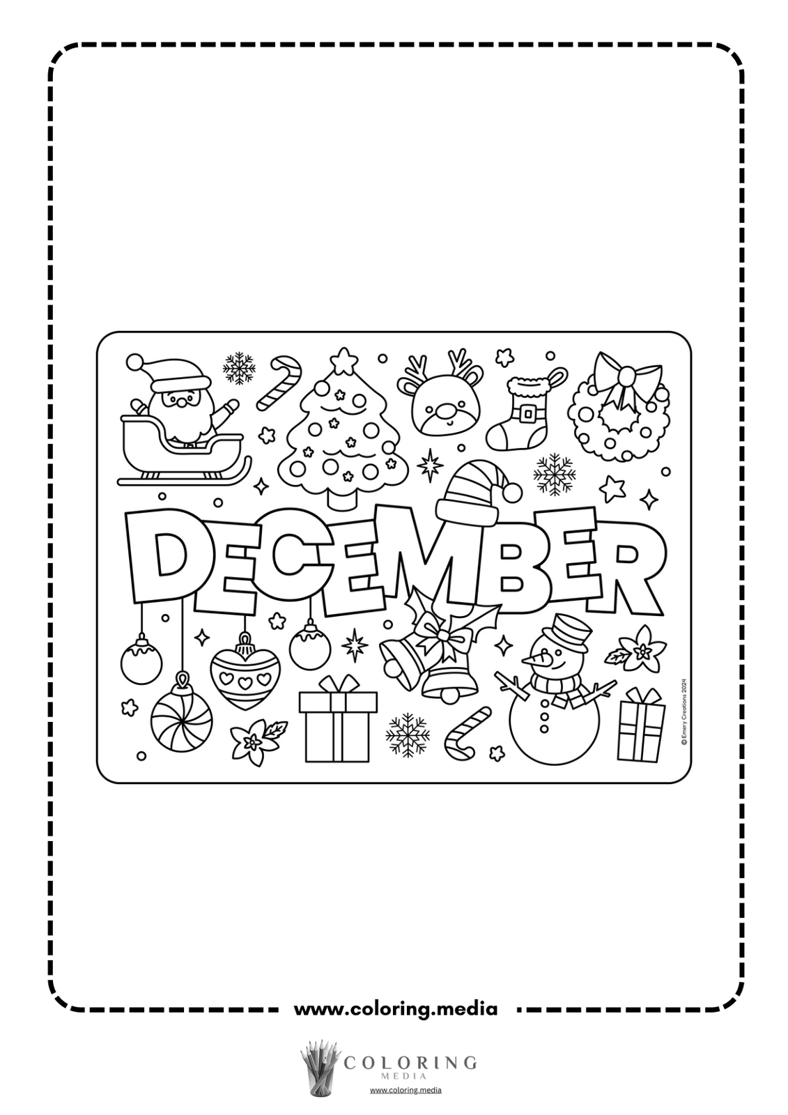 Coloring page featuring festive December-themed illustrations and the word "DECEMBER."