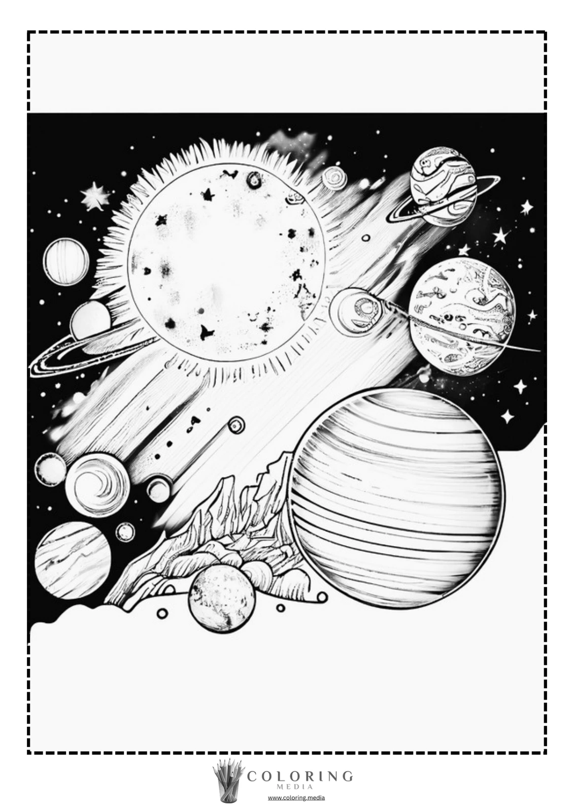 A detailed illustration of planets and stars in a cosmic scene.