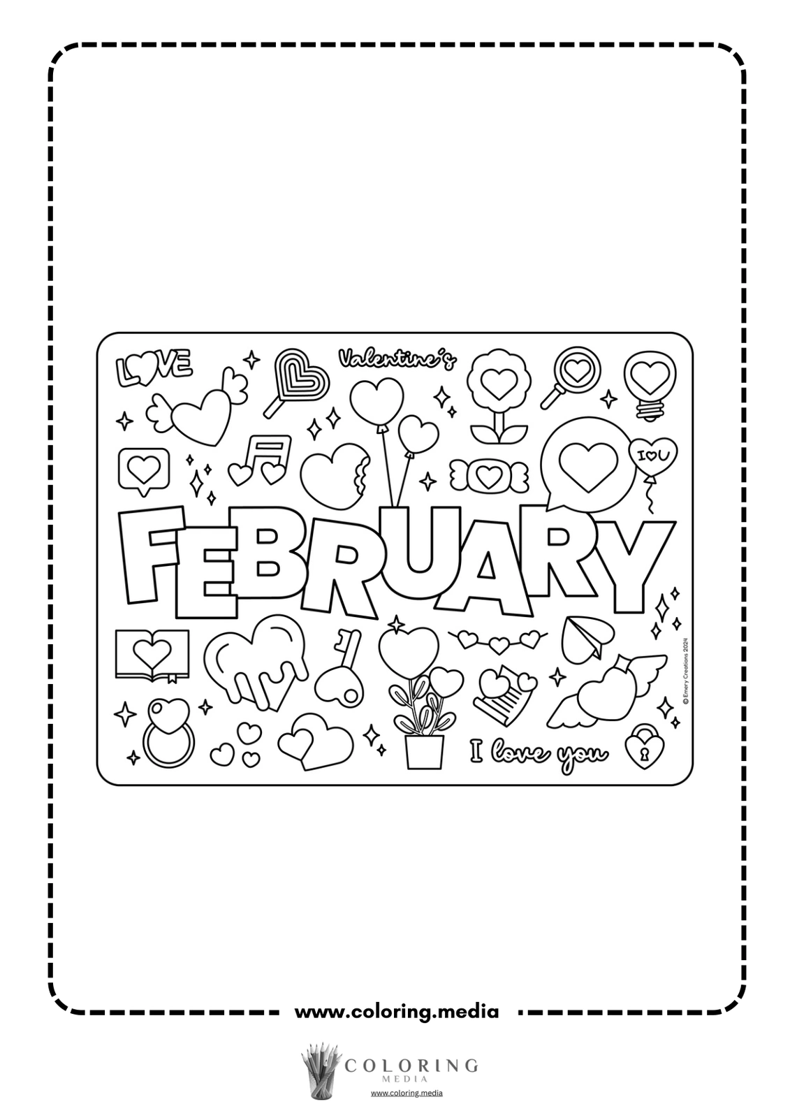 Coloring page featuring "February" surrounded by Valentine’s Day-themed doodles.
