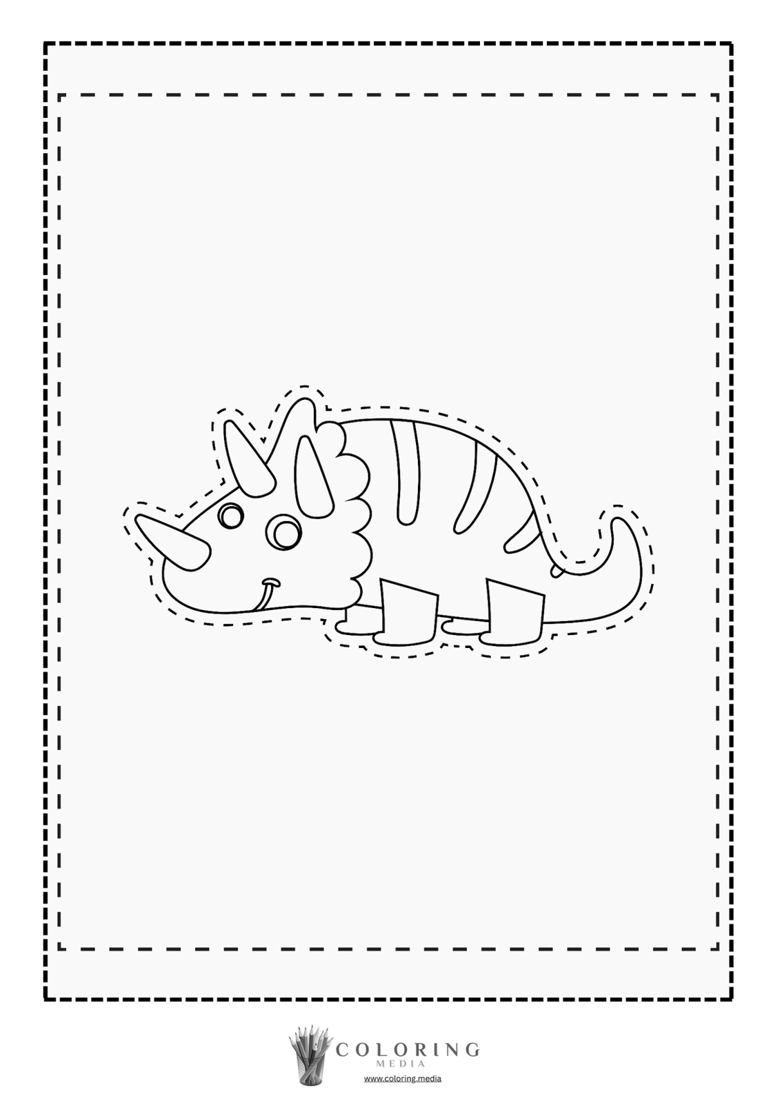 A cartoon triceratops coloring page with outlined features and a smiling expression.
