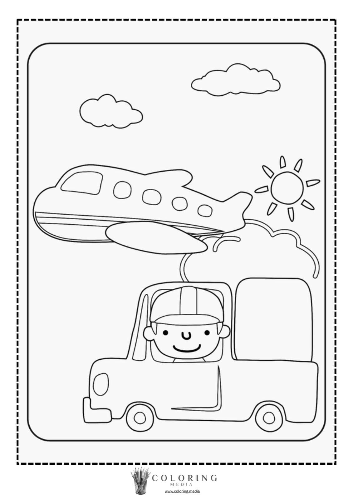 A smiling child drives a truck under an airplane and sun.