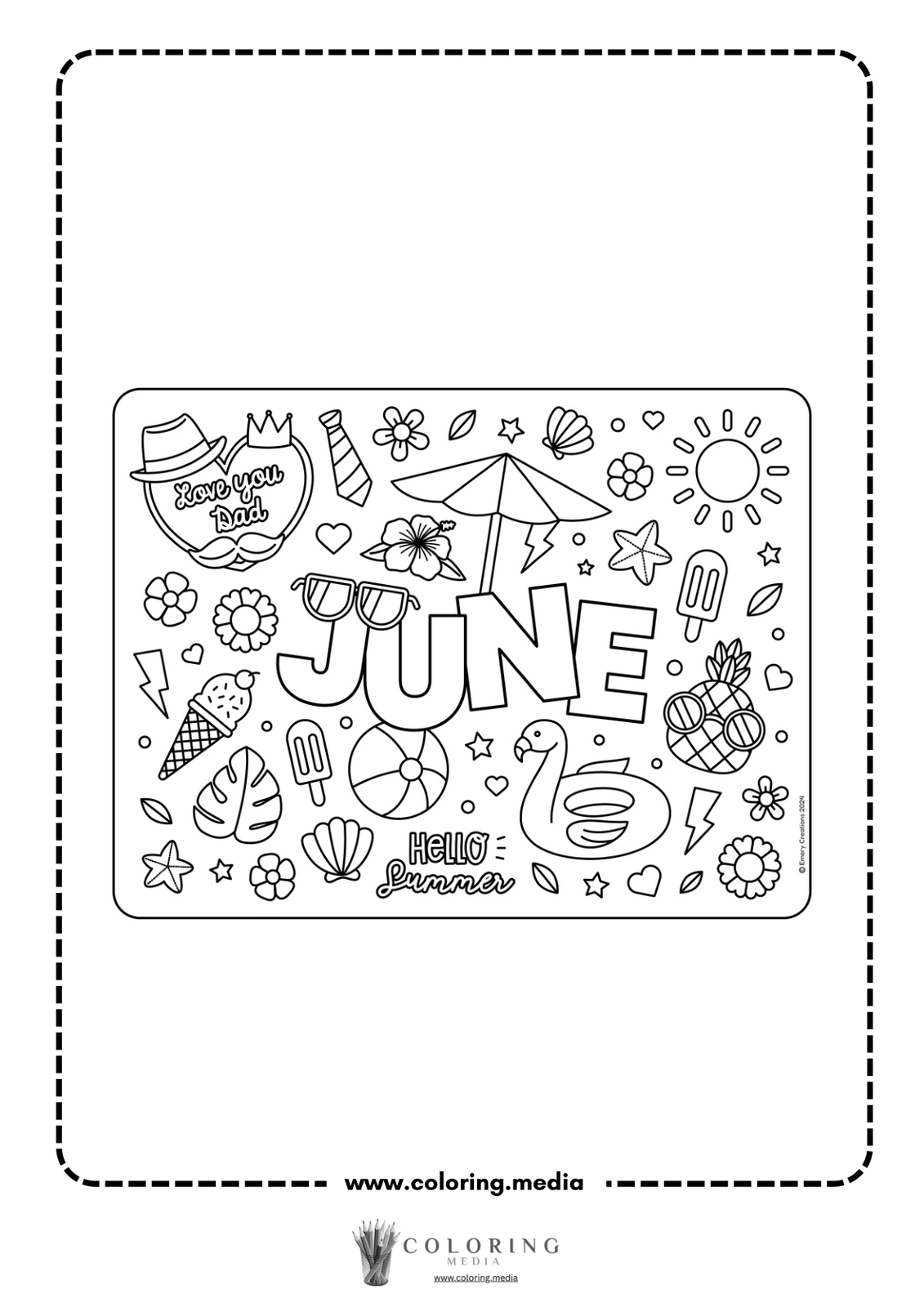 Coloring page featuring summer-themed doodles and the word "JUNE."