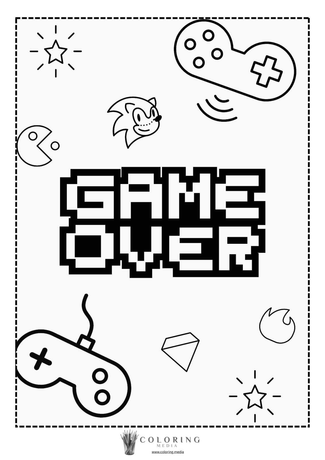"Coloring page featuring 'GAME OVER' text and gaming icons."