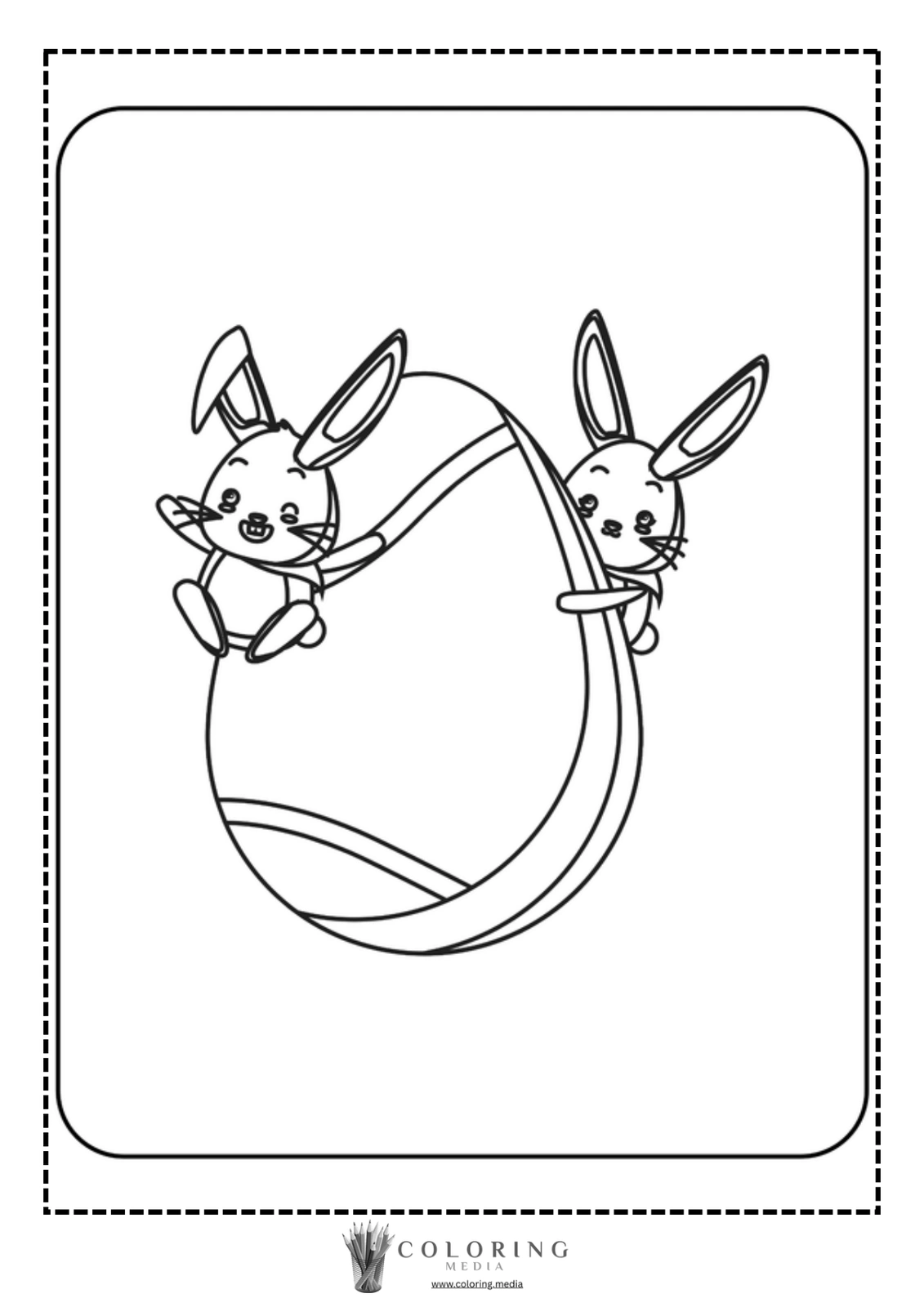 Two cheerful bunnies playfully hold onto a large decorated Easter egg.