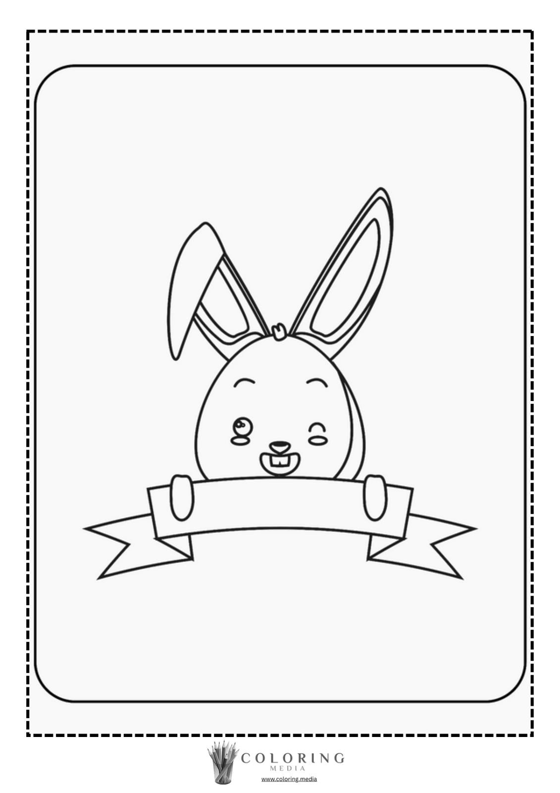 A cheerful cartoon bunny holds a blank banner, ready for coloring.