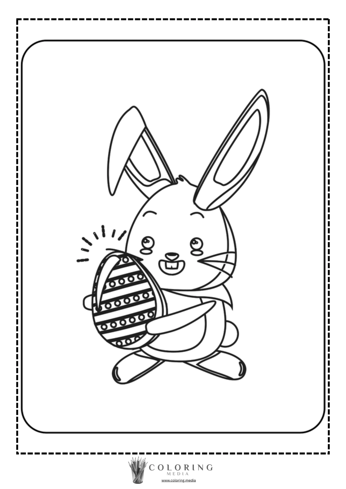 A cheerful bunny holds a decorated Easter egg, smiling happily.