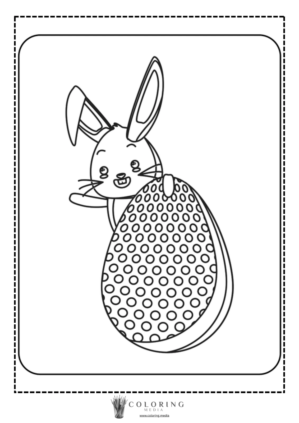 A cheerful bunny holds a large, polka-dotted Easter egg.