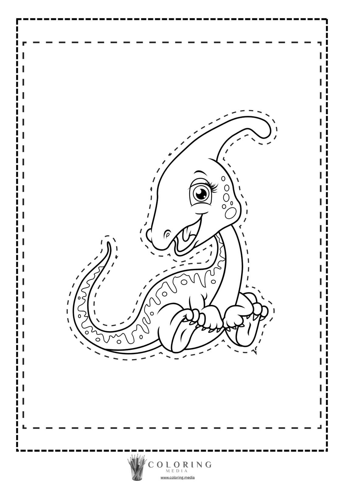 A smiling dinosaur character sits playfully, ready to be colored.