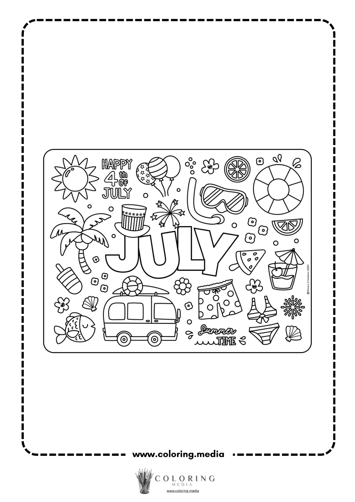 Coloring page featuring summer-themed illustrations and "Happy 4th of July" text.