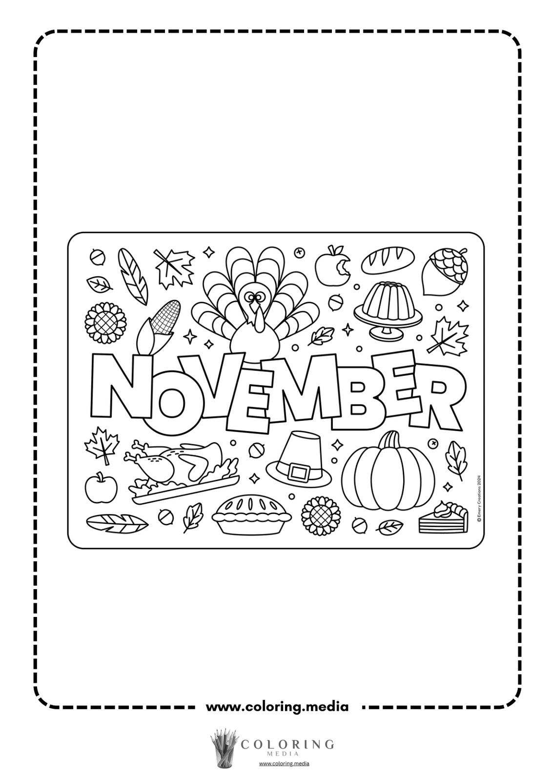 Coloring page featuring "NOVEMBER" surrounded by autumn-themed illustrations.