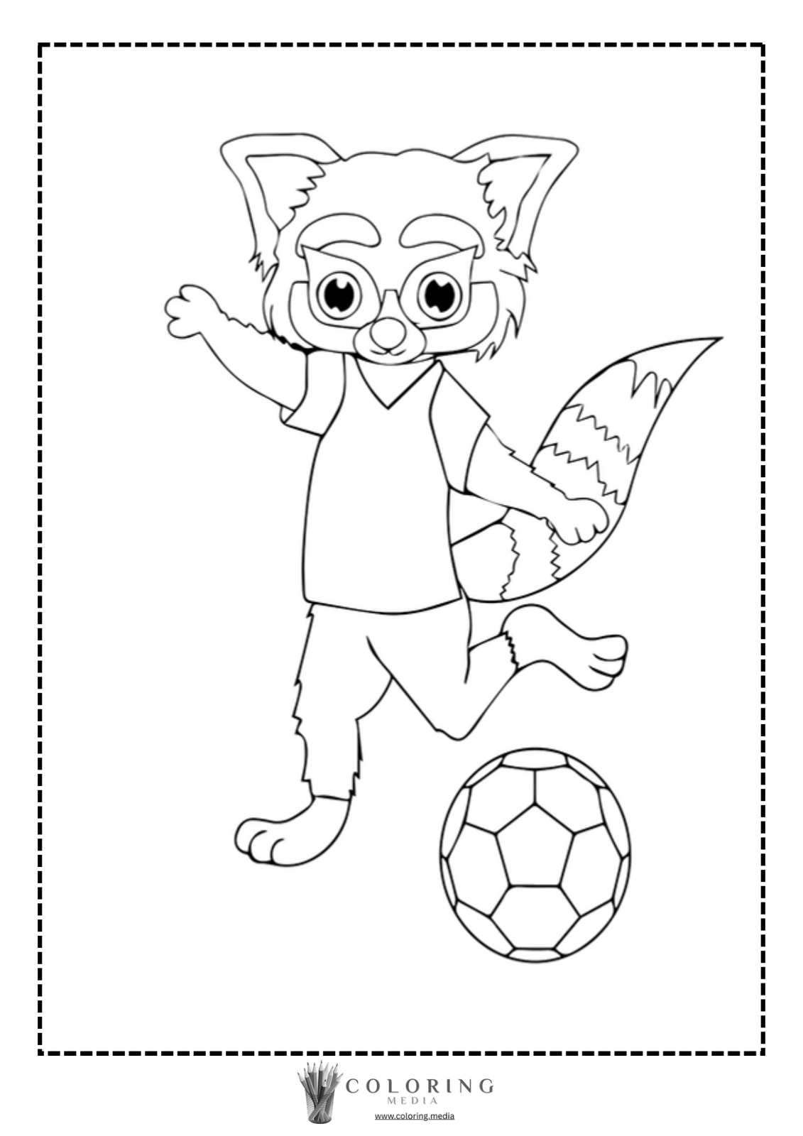 A cartoon raccoon character kicks a soccer ball while smiling.
