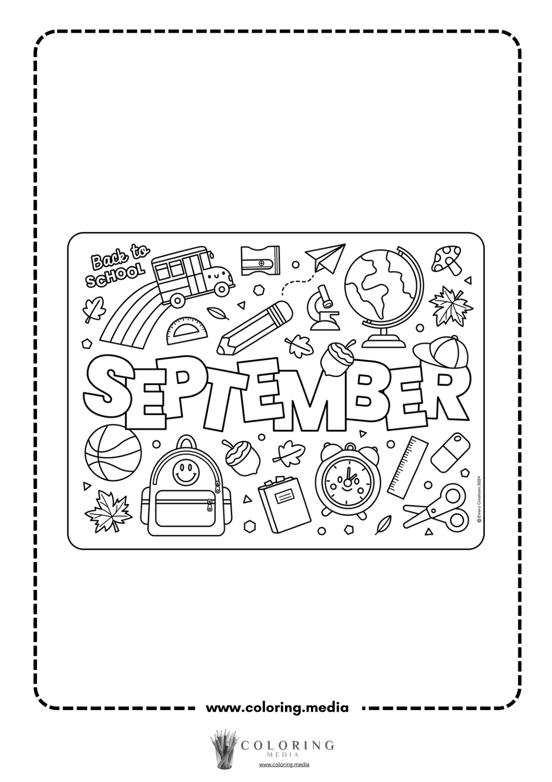 Coloring page featuring "September" with school-themed illustrations and "Back to School" text.