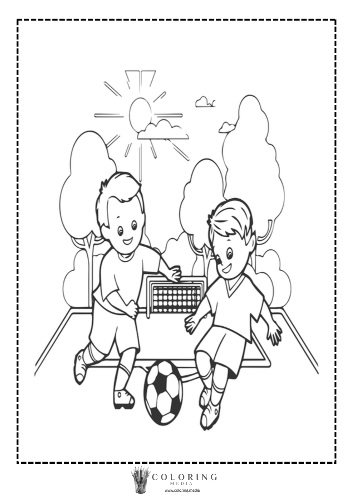 Two boys play soccer near a goal under a sunny sky.