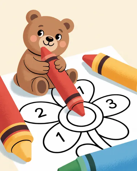 A cute bear holds a red crayon, surrounded by colorful crayons and a flower drawing.