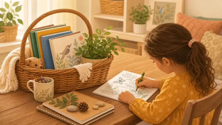 Homeschool morning basket with coloring pages and books
