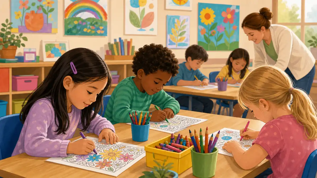 Students doing art activities in an elementary classroom