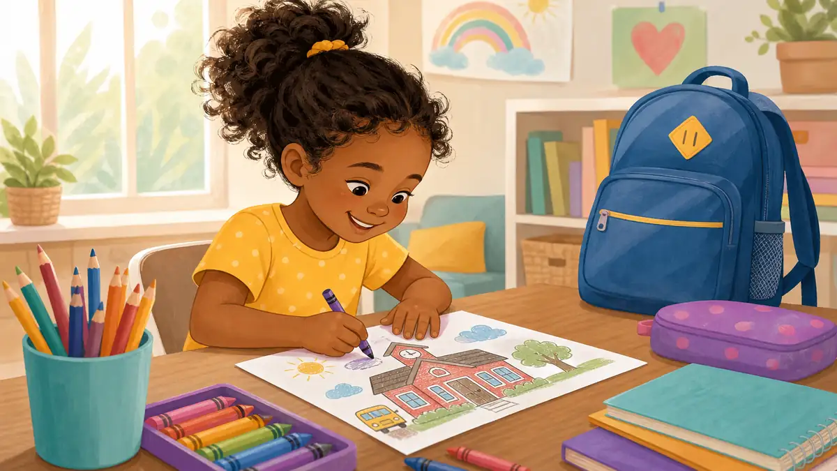 Child doing back-to-school coloring activities at home