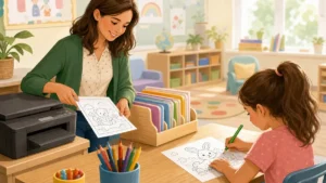 Teacher printing and organizing classroom coloring pages for the school year