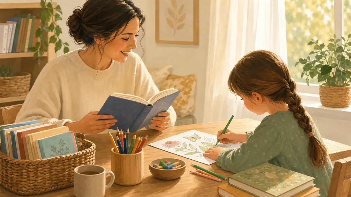 Homeschool morning basket with coloring pages and read-aloud