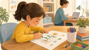 Child doing no-prep homeschool coloring activity independently
