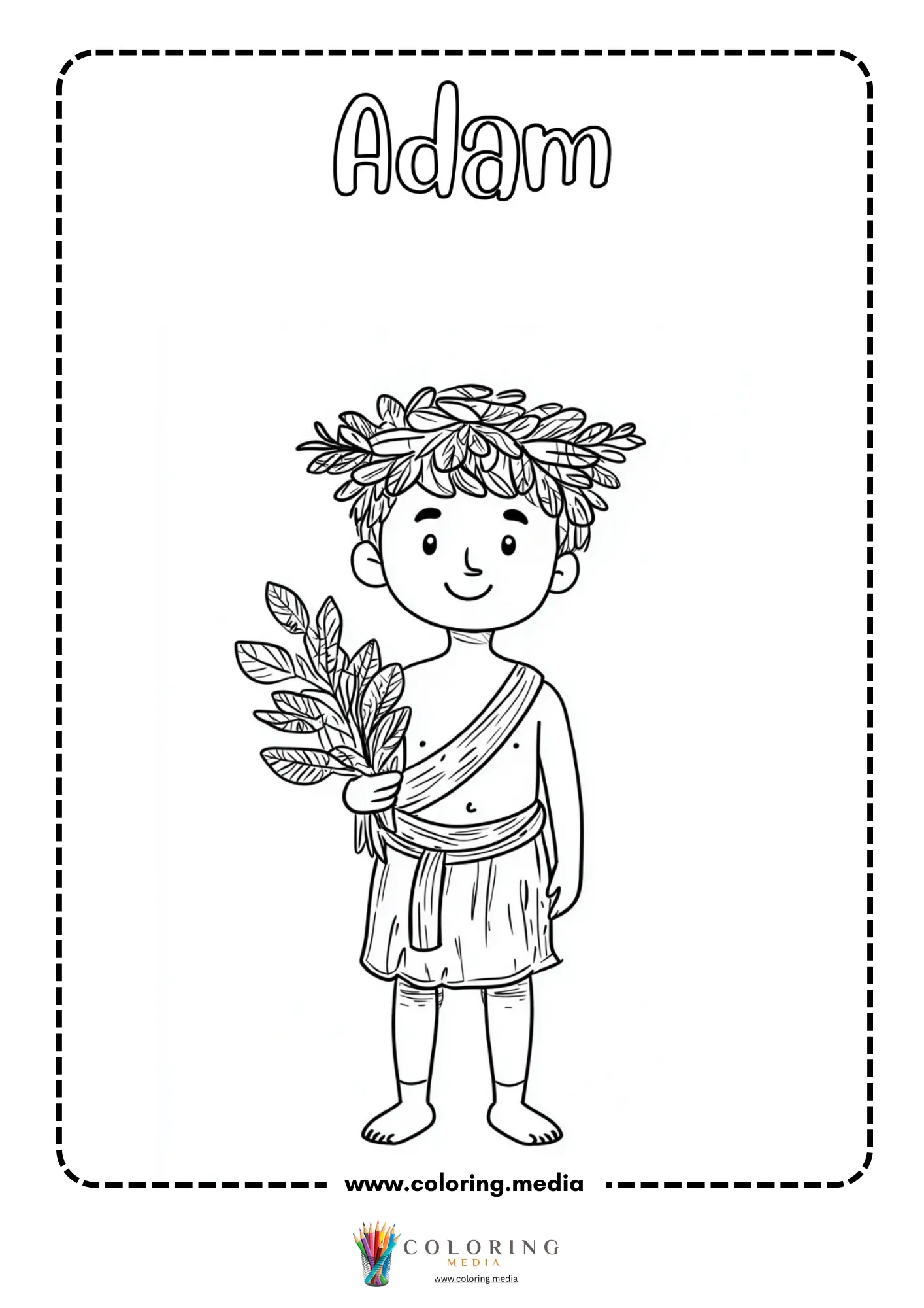 Adam boy with leaf crown holding leafy branches