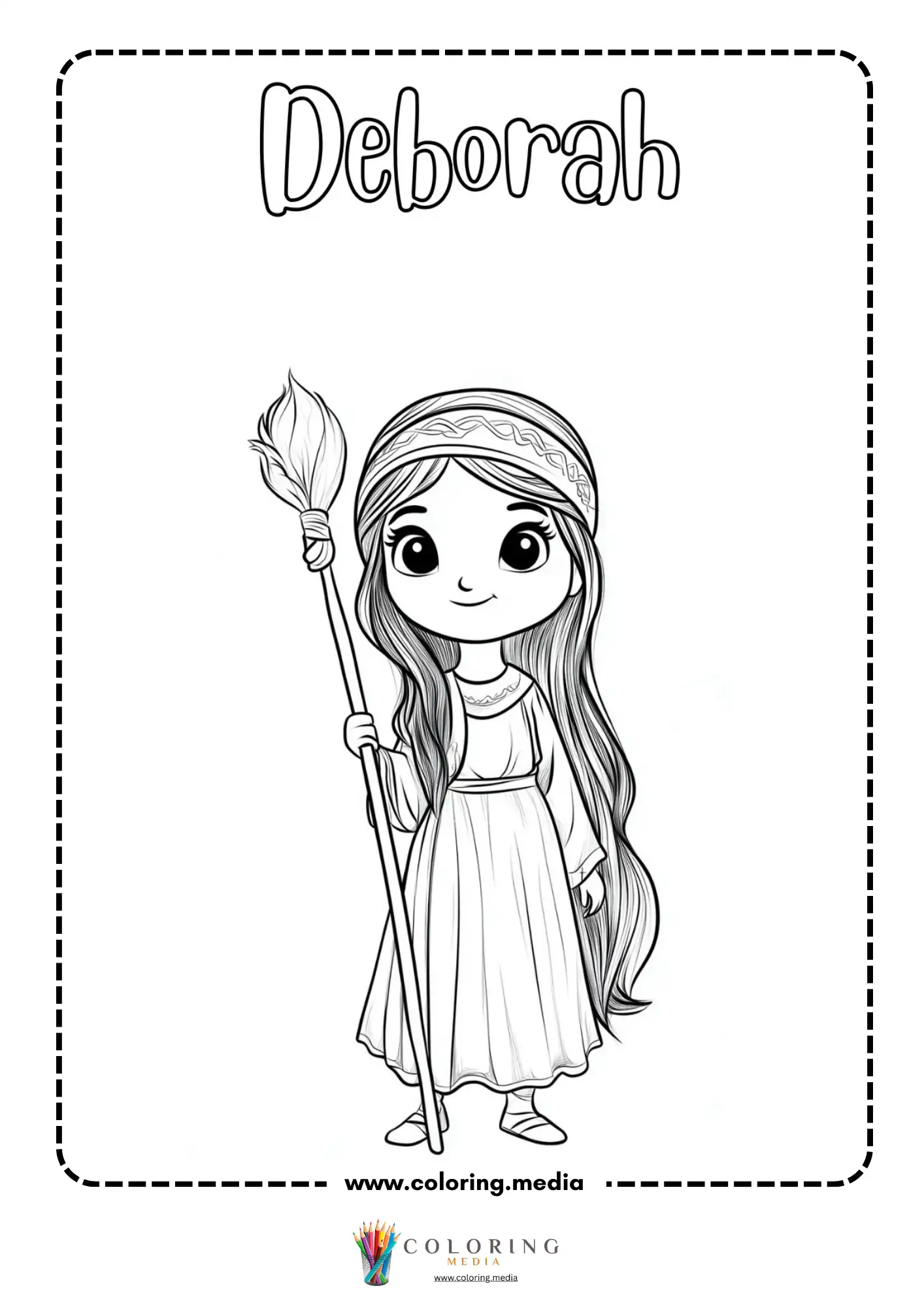 Deborah girl with long hair holding tall staff