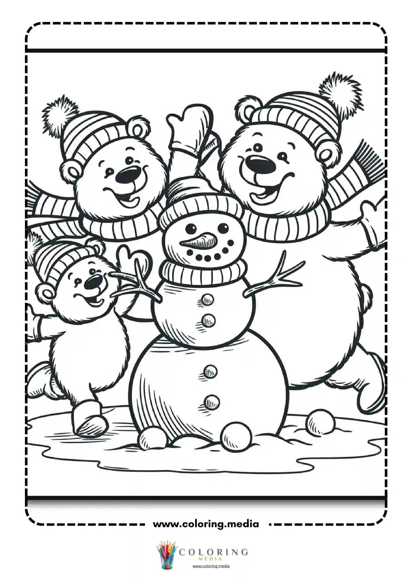 Three polar bears with winter hats around snowman