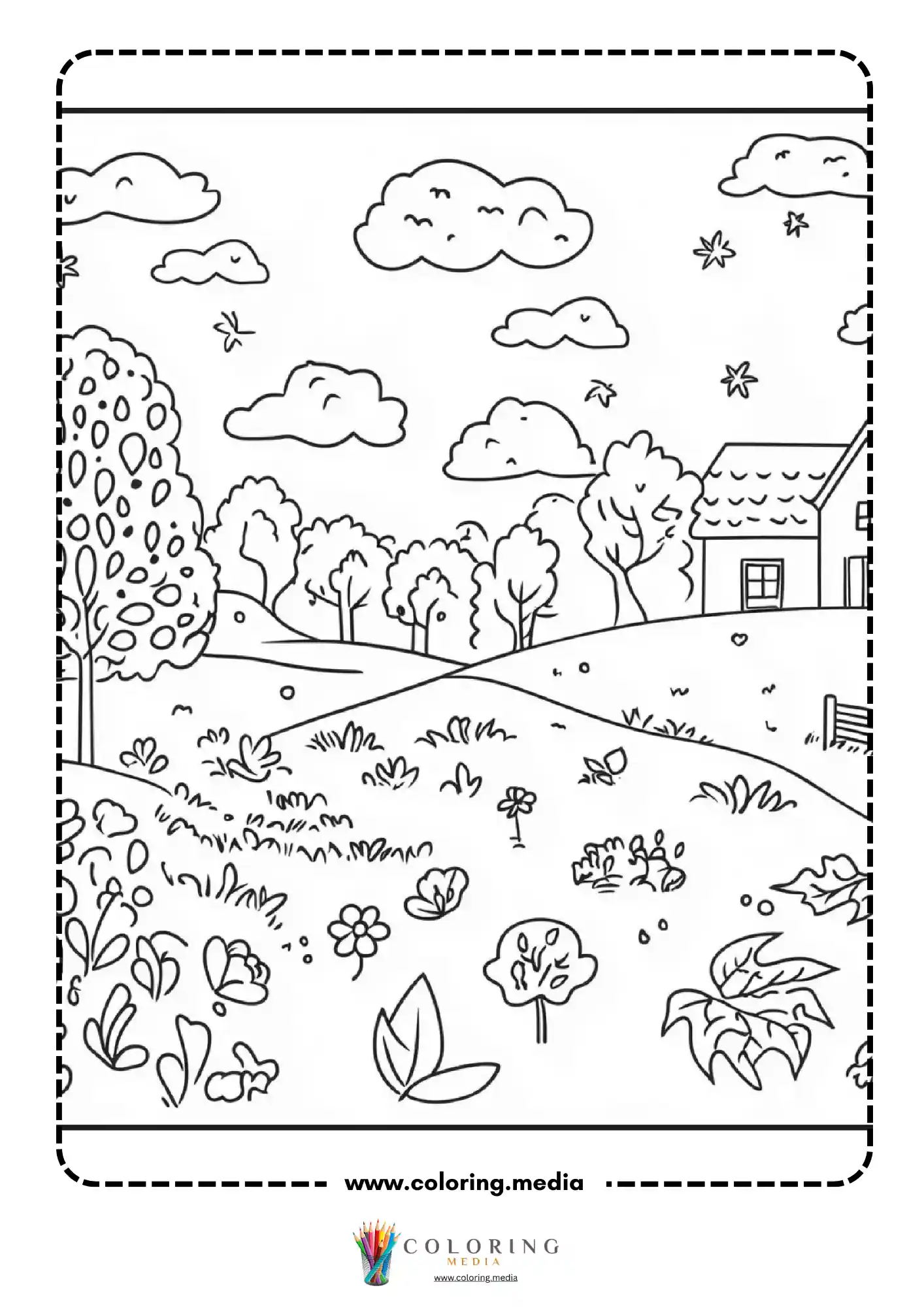 Wide country meadow with farmhouse in the distance