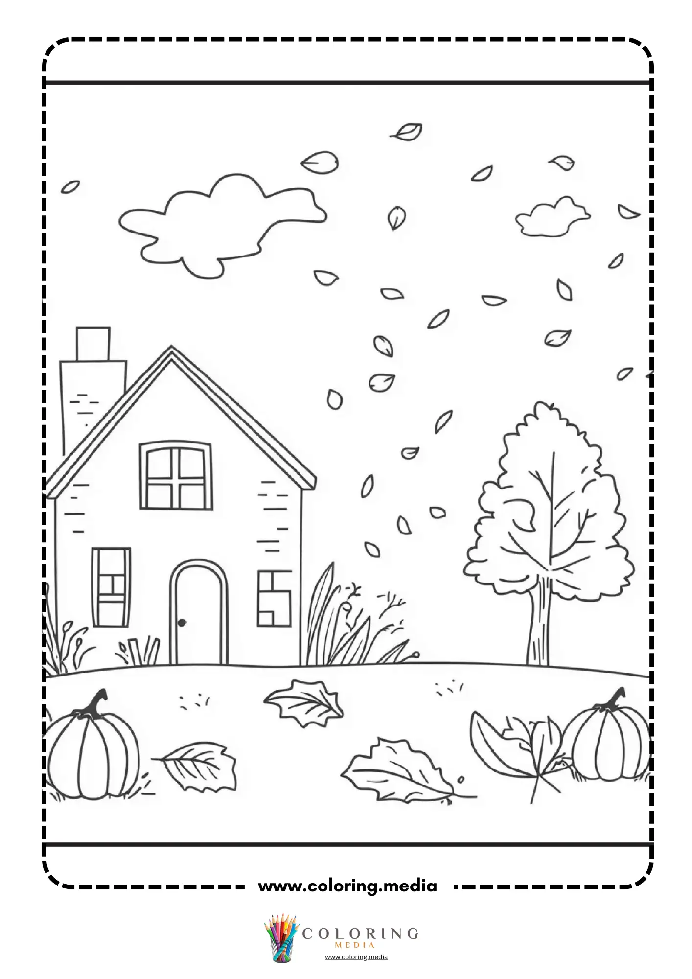 Simple house with fall tree and pumpkins in foreground