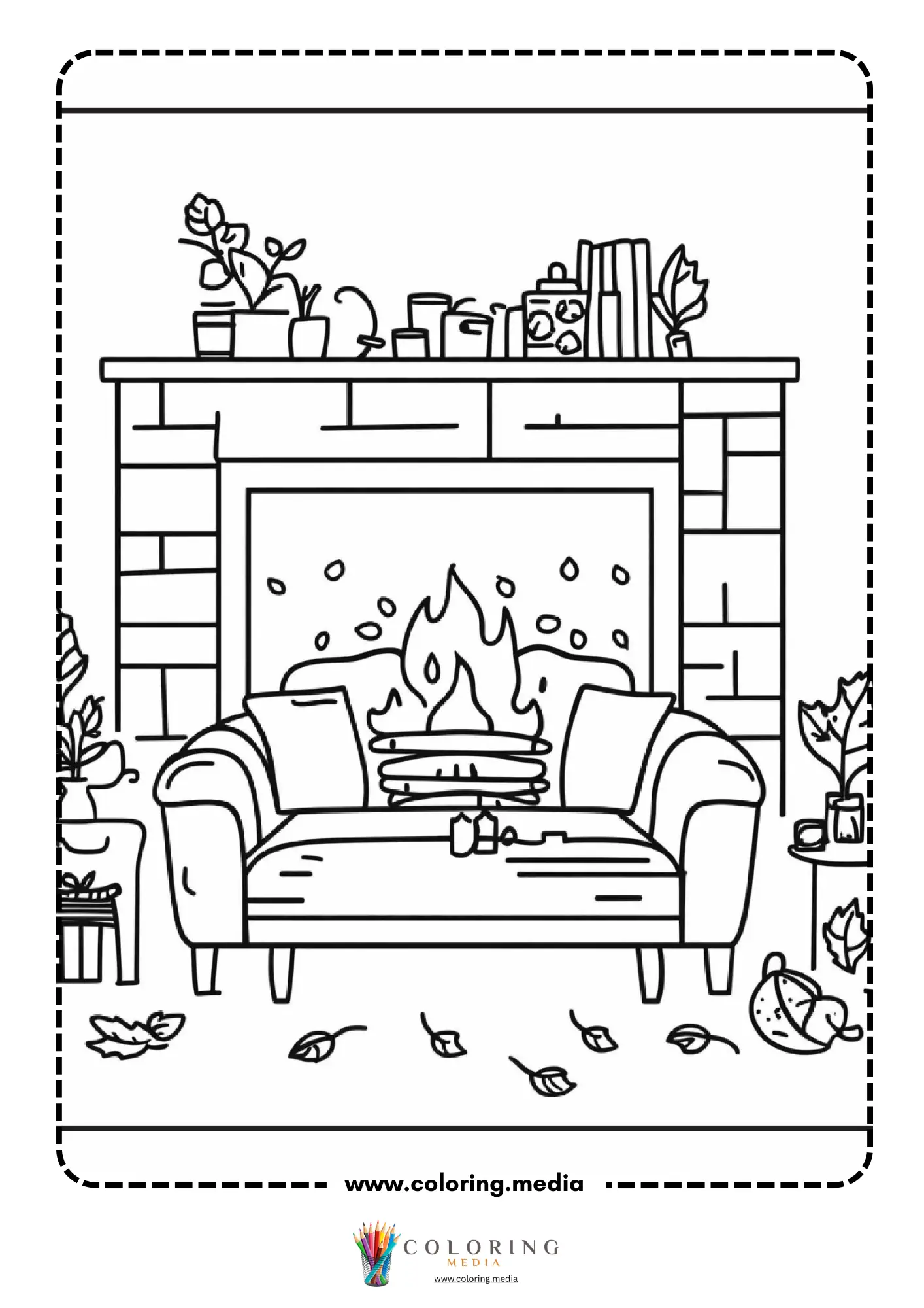 Cozy armchair before fireplace with plants and leaves