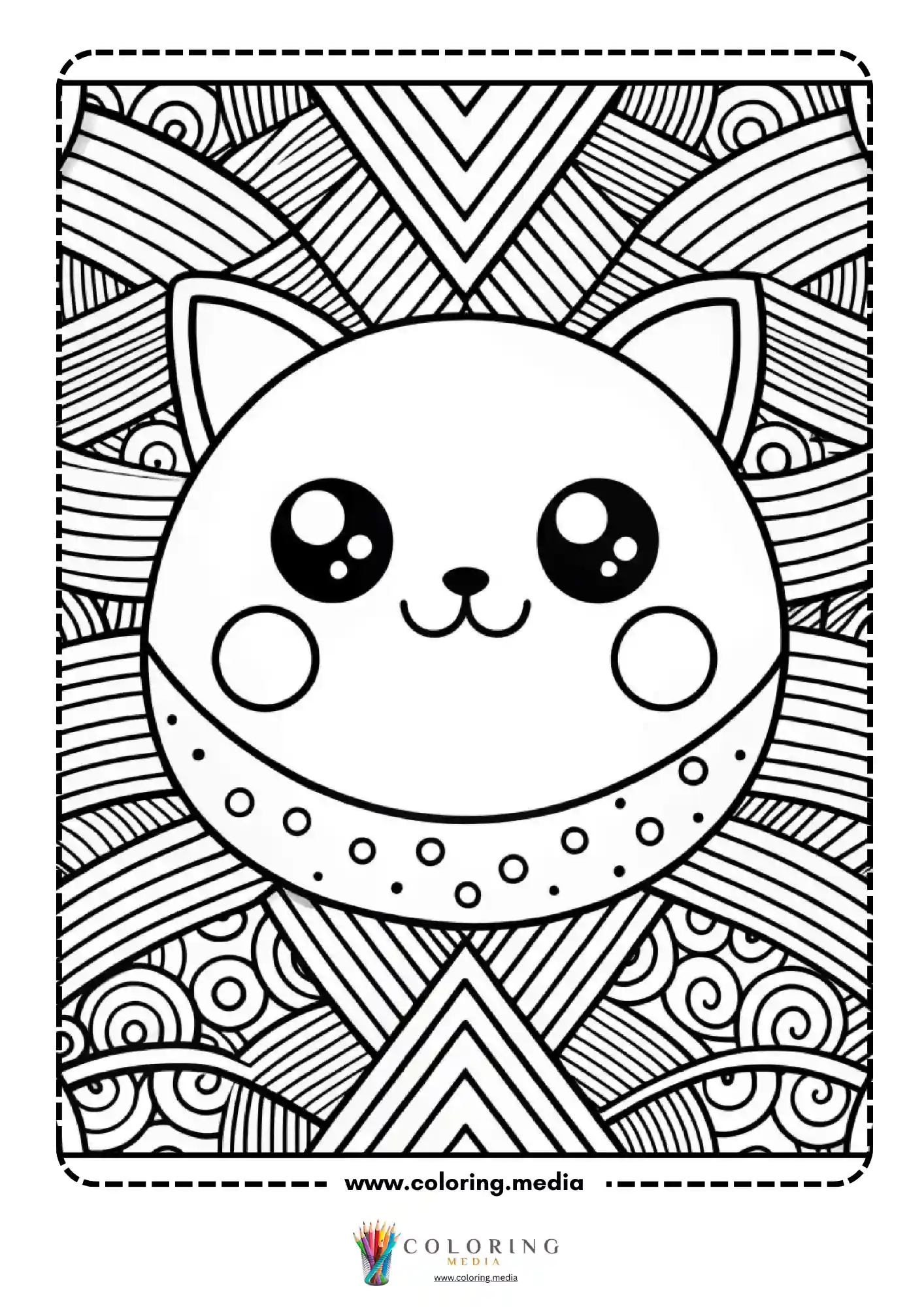 Kawaii cat face with dotted collar on mixed background