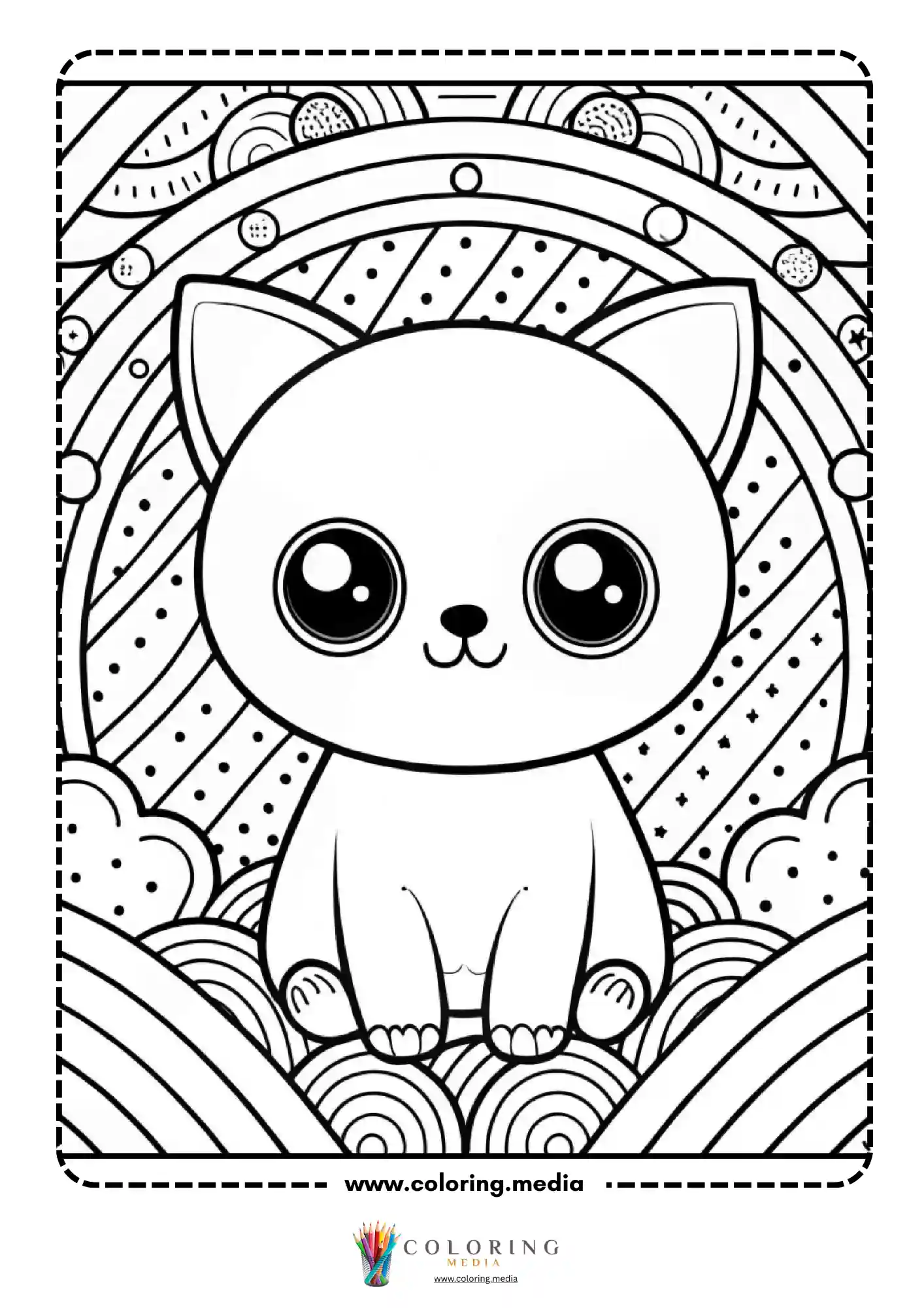 Kawaii cat sitting inside circle with striped background