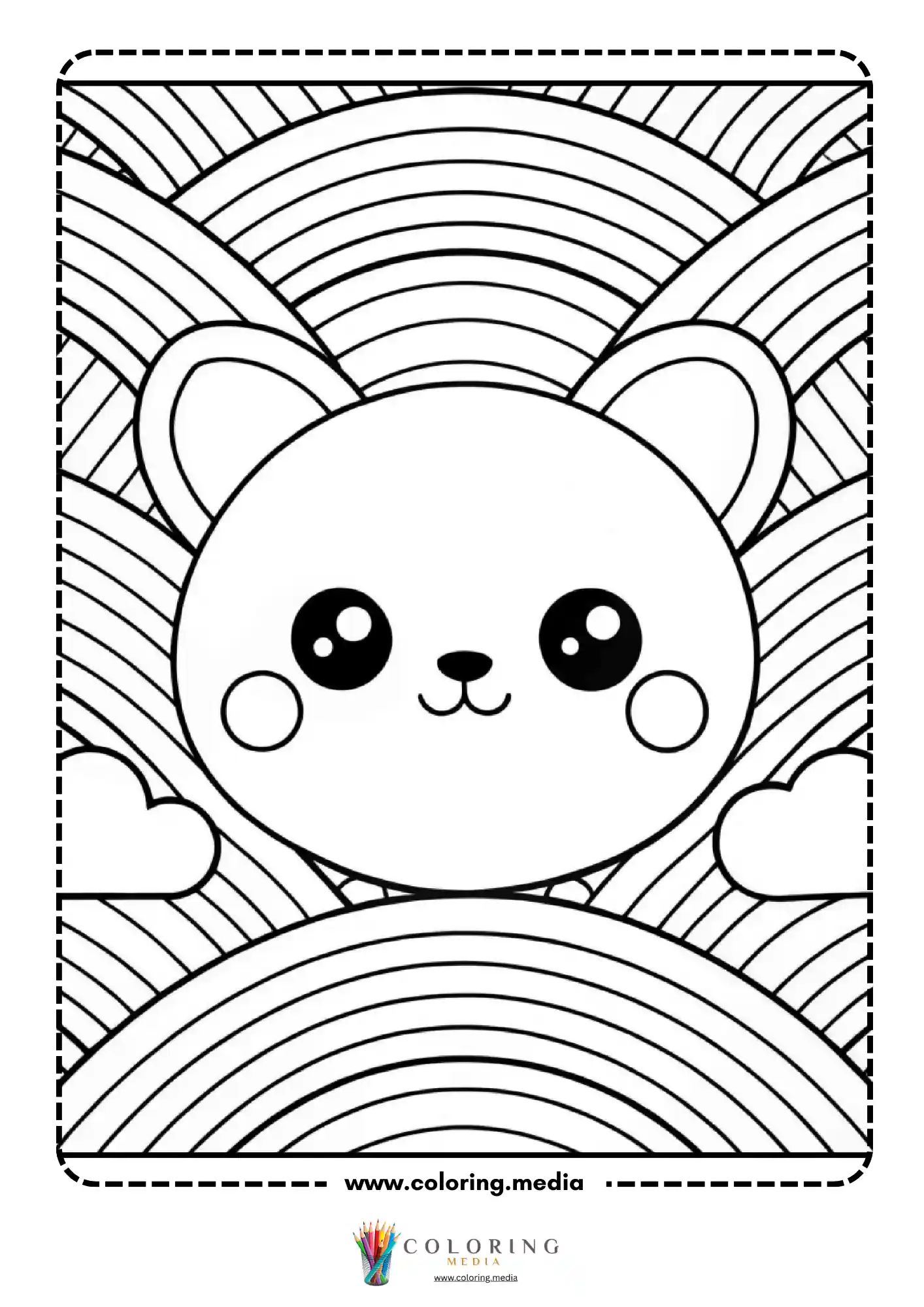 Kawaii bear face with rainbow arc and hearts