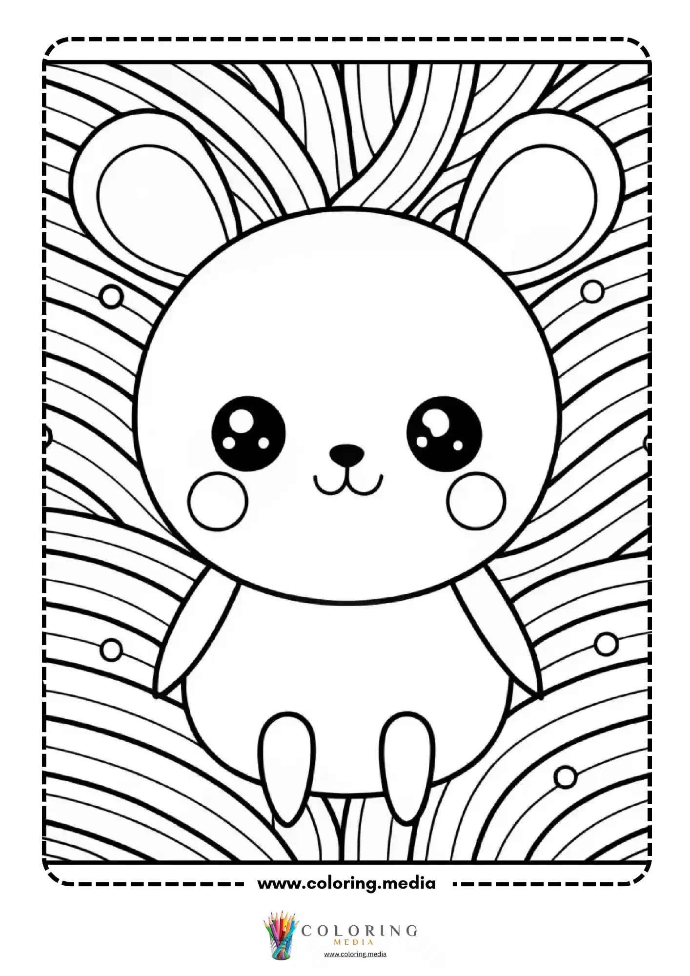 Kawaii bear standing on wavy stripe background with bubbles