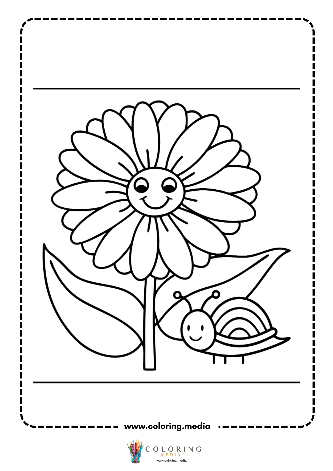 Smiling daisy flower with snail on leaf below